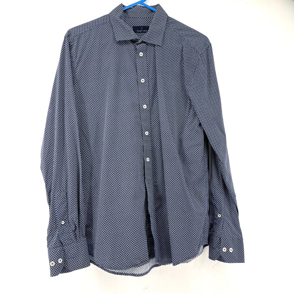 Toscano Men's L Cotton‎ Dress Shirt Blue White Button-Front Long Sleeve